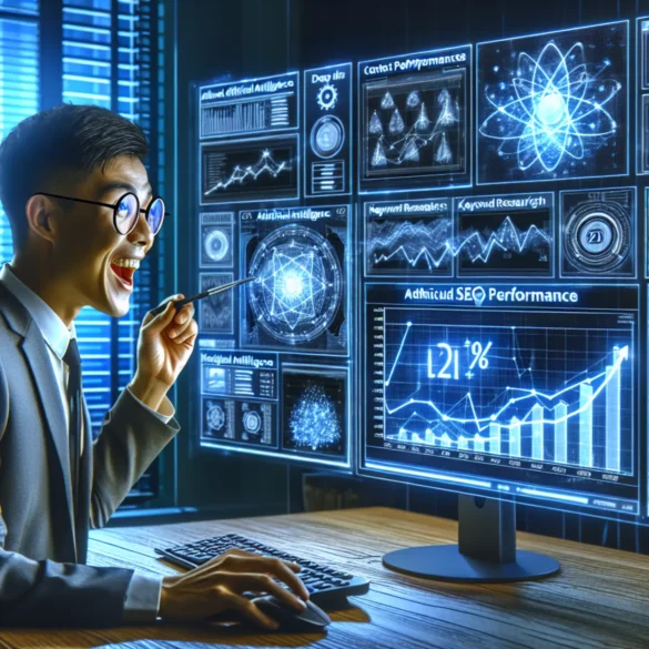 Digital marketer analyzing AI-powered SEO content performance with growth charts showing 213% traffic increase