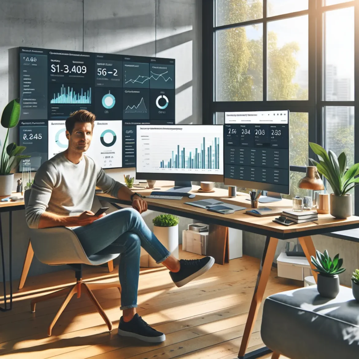 Entrepreneur analyzing Micro-SaaS Solutions performance metrics on multiple screens in a modern workspace