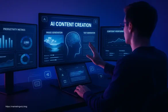 Futuristic workspace with AI content creation tools displayed on multiple screens showing productivity metrics