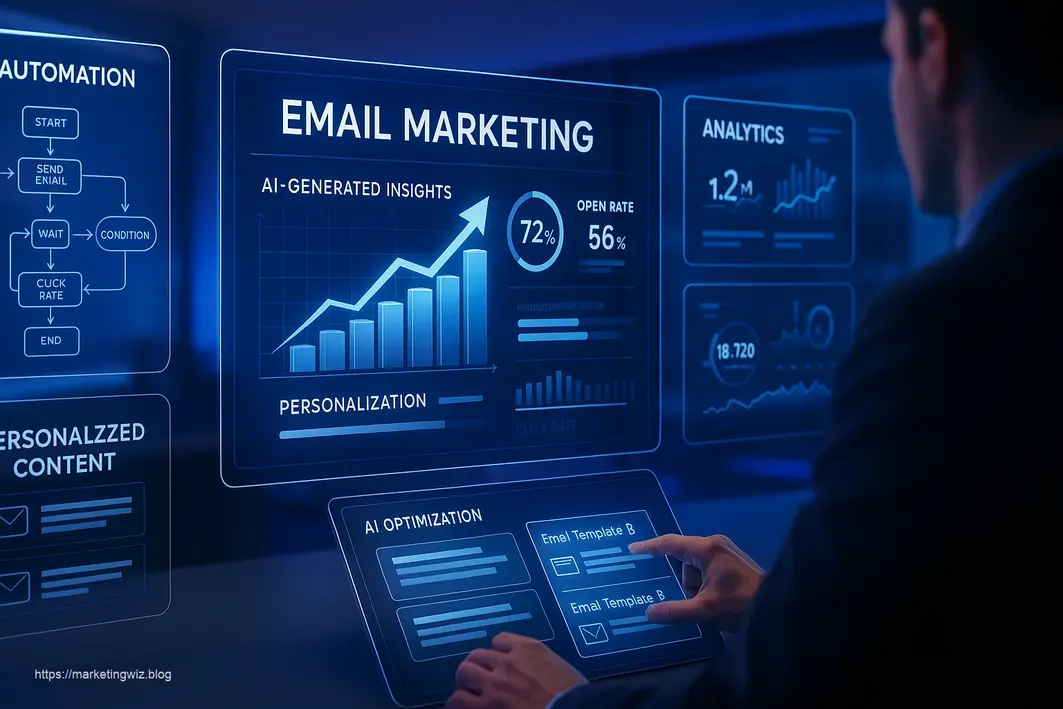 Futuristic dashboard showing AI email marketing platforms with performance metrics, personalization tools, and automation workflows