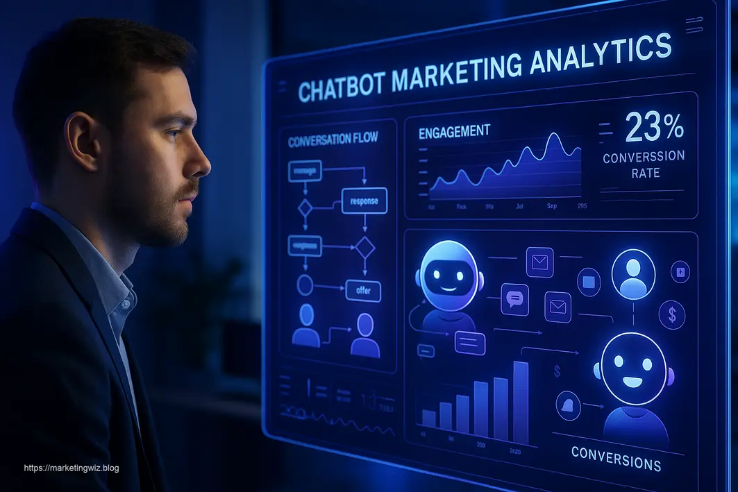 Futuristic dashboard showing AI chatbot marketing analytics with customer engagement metrics and conversion data