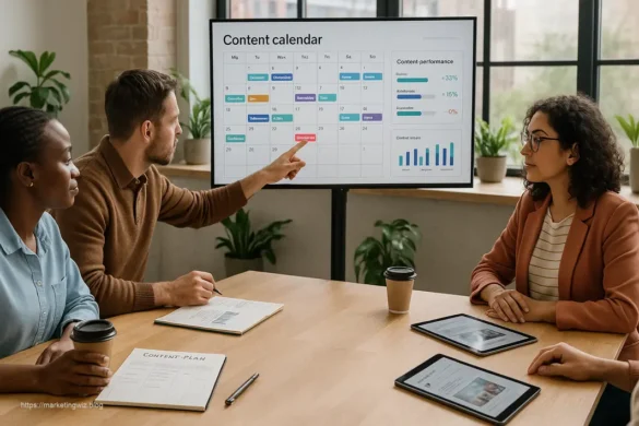 Team of diverse marketers developing content marketing strategies with digital planning tools