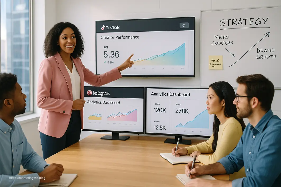 Diverse marketing team reviewing creator economy campaign results with analytics showing successful brand-influencer collaborations