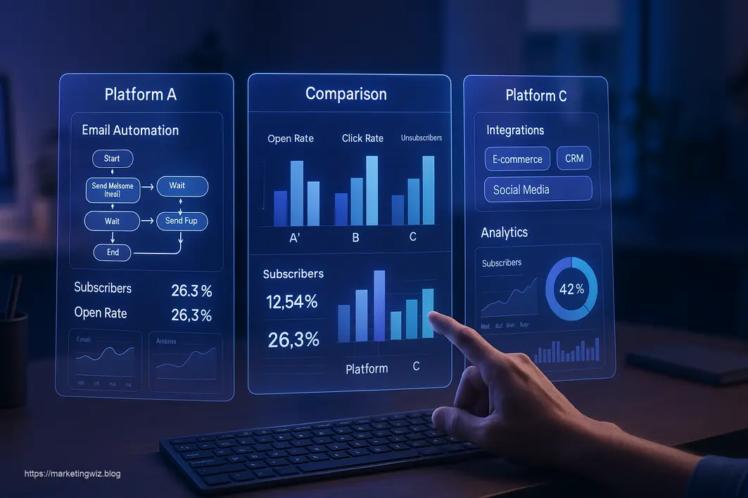 Holographic dashboard comparing the top 3 email marketing platforms of 2025 with performance metrics and automation features
