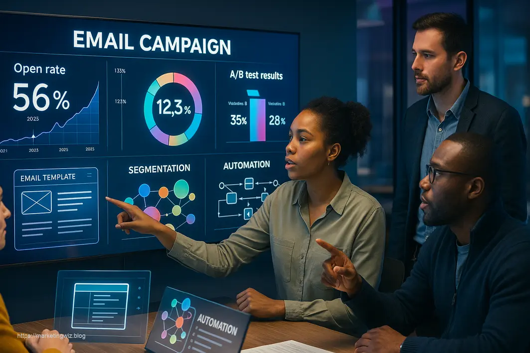 Marketing professionals analyzing email campaign data and implementing essential email marketing strategies for 2025