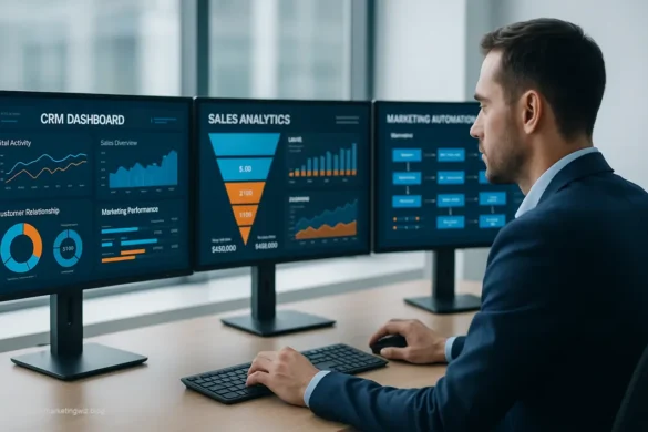 Digital marketing professional using essential CRM tools with dashboard showing sales automation and customer data analytics