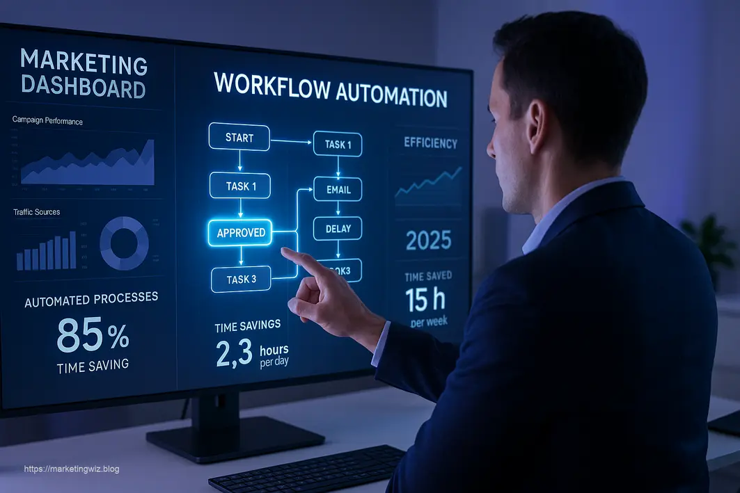 Futuristic marketing workflow automation dashboard showing time-saving processes and efficiency metrics for 2025