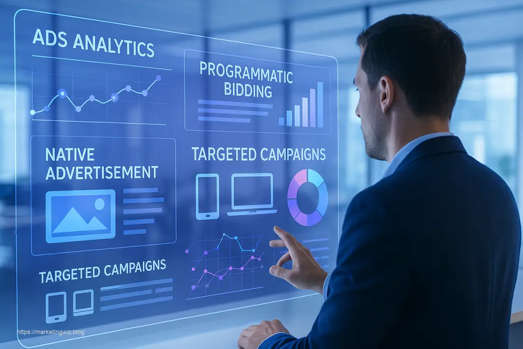 Futuristic visualization of digital advertising platforms with data-driven targeting and programmatic advertising technology in 2025