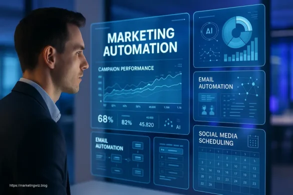 Futuristic marketing automation platforms dashboard showing integrated CRM, email campaigns, and social media analytics
