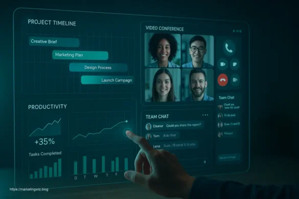 Modern digital dashboard displaying remote work productivity tools and team collaboration metrics