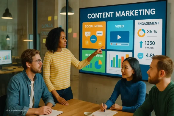 Professional marketing team analyzing visual content marketing strategies on digital screens with infographics and social media graphics for 2025 campaigns
