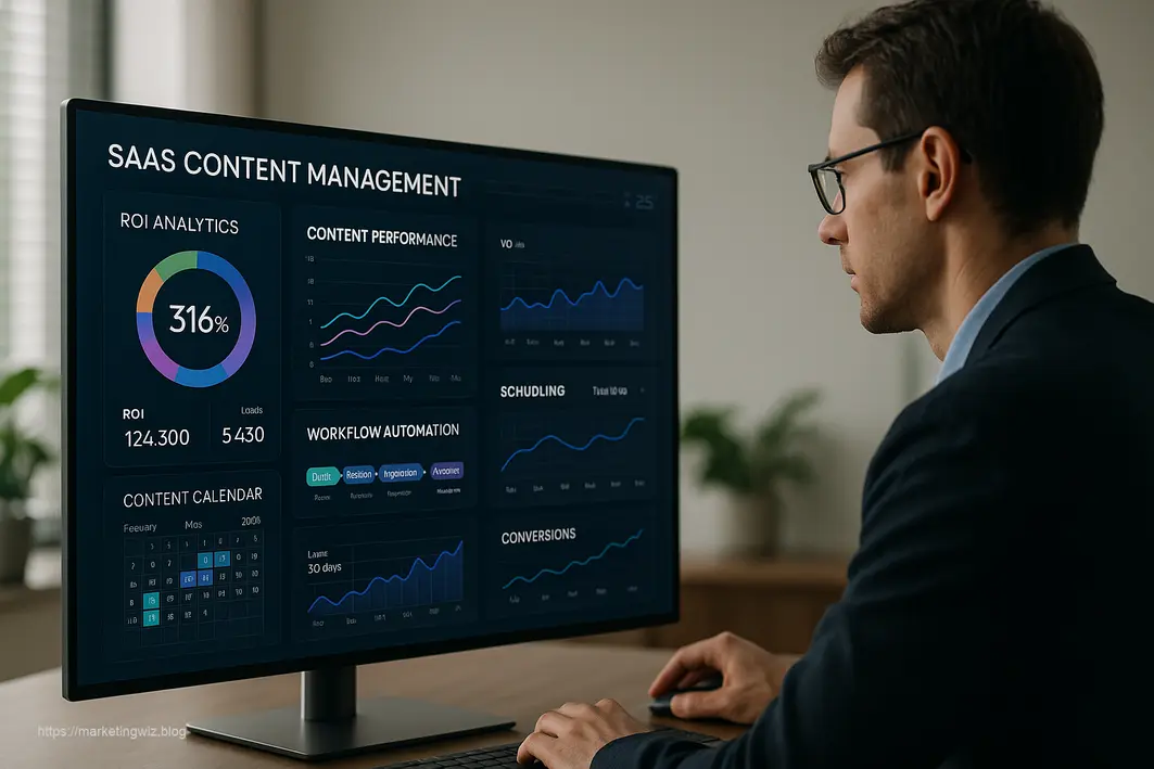 Business professional analyzing ROI metrics on a SaaS Content Management System dashboard with performance graphs and digital content analytics